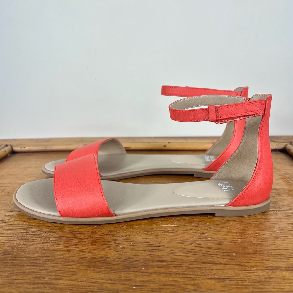 Eileen Fisher Razz Tumbled Leather Ankle-Strap Sandal Size 9 Coral Color